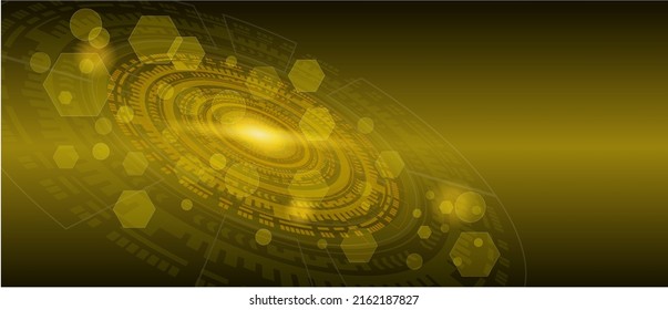 Abstract technology background with various technological elements in yellow color. Technological innovation. high-tech communication concept. circular network circuit