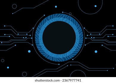 Abstract technology background with various technological elements on a dark background. Innovation concept hi-tech communication background. Circle empty space for text or sign