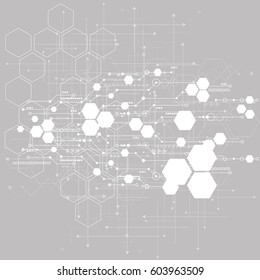 Abstrakter Technologie-Hintergrund mit verschiedenen technologischen Elementen.  Vektorgrafik.