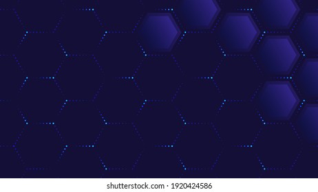 Abstract technology background. Vector illustration of transparent hexagons and glowing neon colored dotted lines over blue background for your design