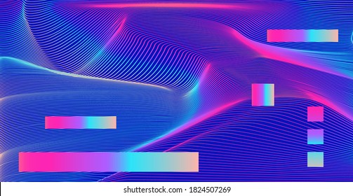 Abstract technology background with warped and distorted laser grid. Vaporwave and synthwave style poster.