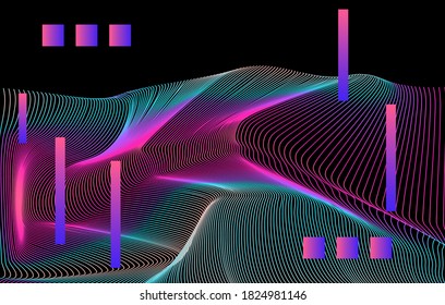 Abstract technology background with warped and distorted laser grid. Vaporwave and synthwave style poster.