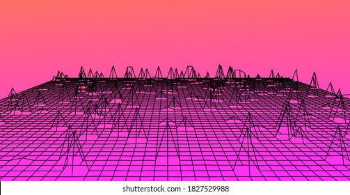 Abstract technology background with warped and distorted grid. Vaporwave and synthwave style illustration like in old video arcade games.