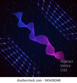 Abstract technology background. Waving concept. Retro disco stage (grid) with glowing light effects on a deep night sky. Vector illustration