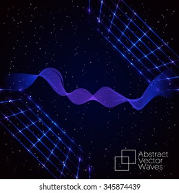 Abstract technology background. Waving concept. Retro disco stage (grid) with glowing light effects on a deep night sky. Vector illustration