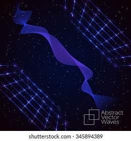 Abstract technology background. Waving concept. Retro disco stage (grid) with glowing light effects on a deep night sky. Vector illustration