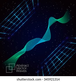 Abstract technology background. Waving concept. Retro disco stage (grid) with glowing light effects on a deep night sky. Vector illustration