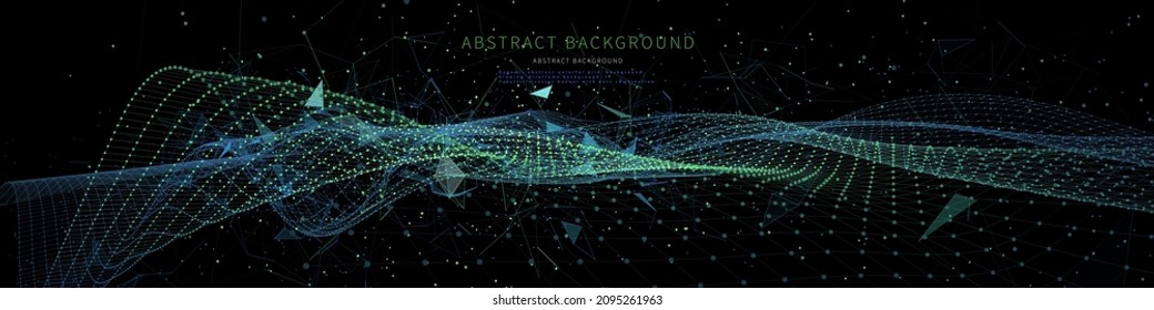 Abstract technology background with wavy color grid conecting dots. Banner for business, science and technology. Computing concept. 