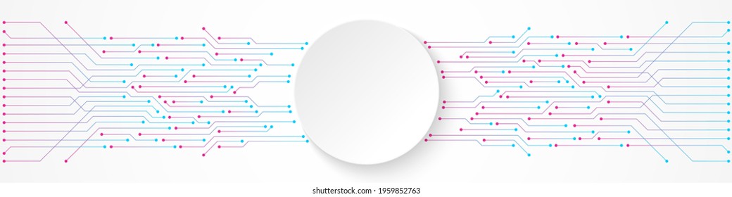 Abstract Technology Background, white circle banner on blue and pink gradient circuit board pattern