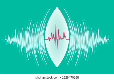 Abstract technology background with white sound waves oscillating around heart pulse. Vector radial music poster