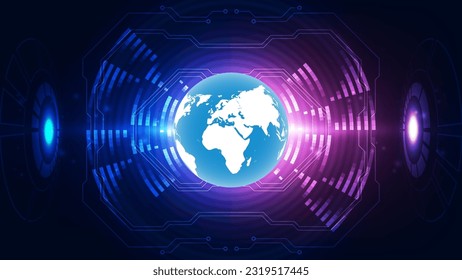 abstract technology background with world map and blue lights, vector illustration