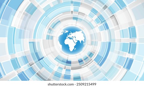 Abstract technology background with world map on blue circle. Vector illustration.