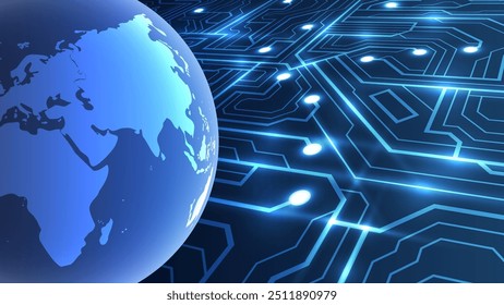 Abstract technology background with world map on blue circle. Vector illustration.
