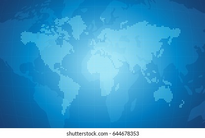 Abstract technology background with world map in polka dots design and blue color
