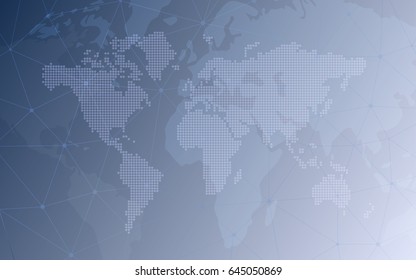 Abstract technology background with world map and network link on blue color