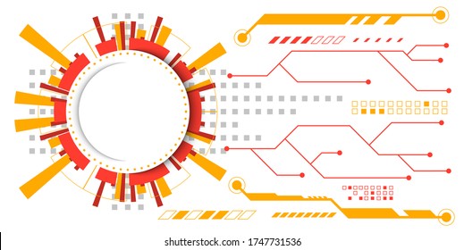 Abstract technology background with yellow and red hi-tech style circle and circuit pattern.