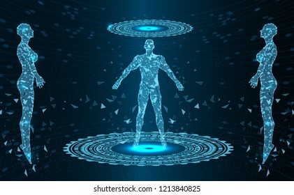 Abstract Technology background.Artificial intelligence man.woman.Human body.Low Poly wire frame technology.Futuristic concept.Cyber technology wire network futuristic wire frame.space .design.Vector 