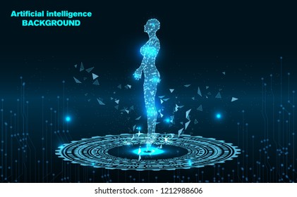 Abstract Technology background.Artificial intelligence woman.Human body.Low Poly wire frame technology.Futuristic concept.Cyber technology wire network futuristic wire frame.space .design.Vector 