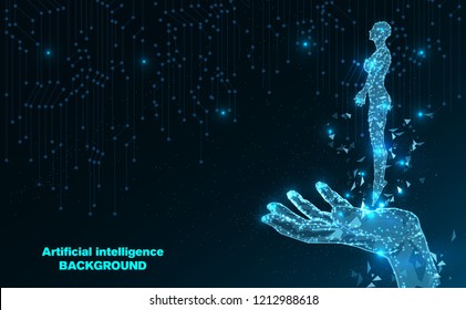 Abstract Technology background.Artificial intelligence woman.Human body.Low Poly wire frame technology.Futuristic concept.Cyber technology wire network futuristic wire frame.space .design.Vector 