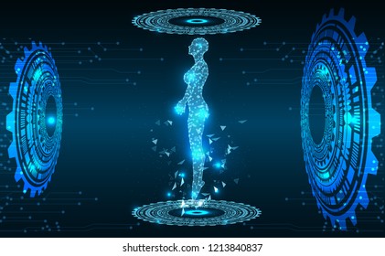 Abstract Technology background.Artificial intelligence woman.Human body.Low Poly wire frame technology.Futuristic concept.Cyber technology wire network futuristic wire frame.space .design.Vector 