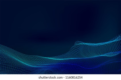 Abstract Technology background.Artificial intelligence.Digital Particle Waves.wavy particle waves structure made of shuffled round.Cyber technology wire network futuristic wire frame.space .Vector