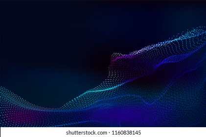 Abstract Technology background.Artificial intelligence.Digital Particle Waves.wavy particle waves structure made of shuffled round.Cyber technology wire network futuristic wire frame.space .Vector