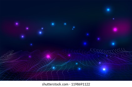 Abstract Technology background.Artificial intelligence.Digital Particle Waves.wavy particle waves structure made of shuffled round.Cyber technology wire network futuristic wire frame.space .Vector