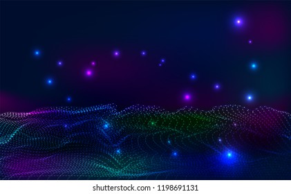 Abstract Technology background.Artificial intelligence.Digital Particle Waves.wavy particle waves structure made of shuffled round.Cyber technology wire network futuristic wire frame.space .Vector