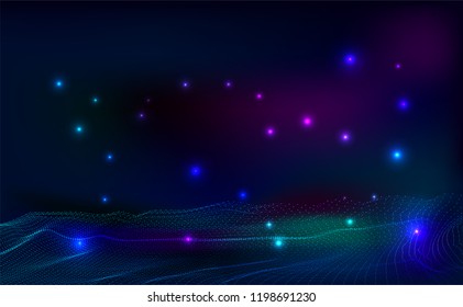 Abstract Technology background.Artificial intelligence.Digital Particle Waves.wavy particle waves structure made of shuffled round.Cyber technology wire network futuristic wire frame.space .Vector