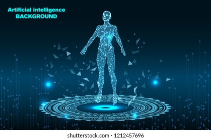 Abstract Technology background.Artificial intelligence.Human body.Low Poly wire frame technology.Futuristic concept.Cyber technology wire network futuristic wire frame.space .design.Vector 