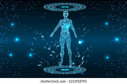 Abstract Technology background.Artificial intelligence.Human body.Low Poly wire frame technology.Futuristic concept.Cyber technology wire network futuristic wire frame.space .design.Vector 