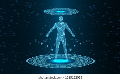 Abstract Technology background.Artificial intelligence.Human body.Low Poly wire frame technology.Futuristic concept.Cyber technology wire network futuristic wire frame.space .design.Vector 