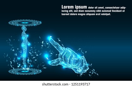 Abstract Technology background.Artificial intelligence.Touch to Human body.Low Poly wire frame technology.Futuristic concept.Cyber technology wire network futuristic wire frame.space .design.Vector 