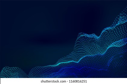 Abstract Technology background.Digital Particle Waves.wavy particle waves structure made of shuffled round.Cyber technology wire network futuristic wire frame.space Artificial intelligence.Vector 