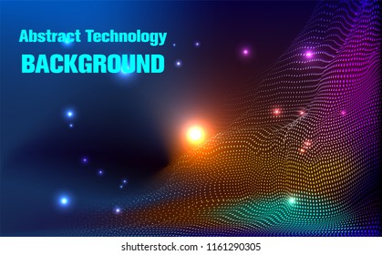Abstract Technology background.Digital Particle Waves.wavy particle waves structure made of shuffled round.Cyber technology wire network futuristic wire frame.space Artificial intelligence.Vector 