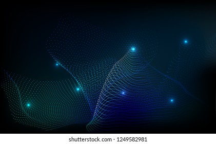 Abstract Technology background.Digital Particle Waves.wavy particle waves structure made of shuffled round.Cyber technology wire network futuristic wire frame.space Artificial intelligence.Vector 