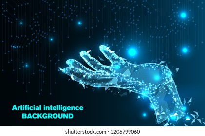 Abstract Technology background.Hand of Artificial intelligence.Low Poly wire frame technology.Futuristic concept.Cyber technology wire network futuristic wire frame.space .Vector illustration.