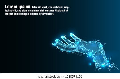 Abstract Technology background.Hand of Artificial intelligence.Low Poly wire frame technology.Futuristic concept.Cyber technology wire network futuristic wire frame.space .Vector illustration.