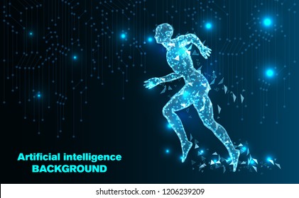 Abstract Technology background.Human run of Artificial intelligence.Low Poly wire frame technology.Futuristic concept.Cyber technology wire network futuristic wire frame.space .Vector illustration.