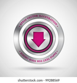 Abstract technology badge, button template with download arrow sign, metal texture (chrome, steel), realistic shadow and light background for web sites, user interfaces (UI) and applications (apps).