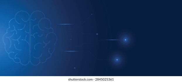 Abstract technology banner background featuring digital brain icon with circuit lines and glowing node connections for machine learning and artificial intelligence technology.