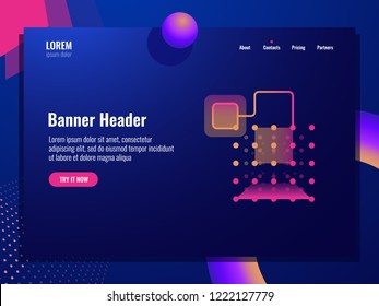 Abstract technology banner, data transaction icon, concept of cryptography and database, neon lighting vector illustration