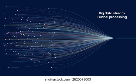 Abstract technology big data stream processing background with colorful glowing light lines and dots converging into a funnel vector concept.