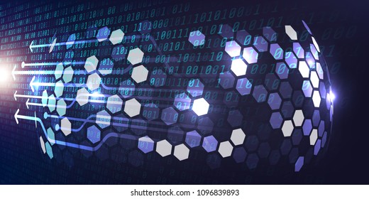 Abstract Technology Binary code with hexagons Background.Digital binary data and Secure Data Concept