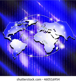 abstract technology binary code and world map on blue background