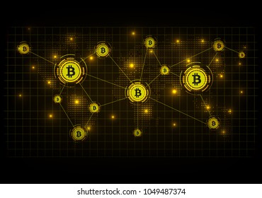 Abstract technology, Bitcoin crypto currency, Futuristic digital, World map background, Vector illustration