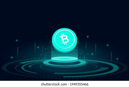 Abstrakte Technologie mit Bitcoin-Kryptowährung auf glänzendem Display und blauem Hintergrund