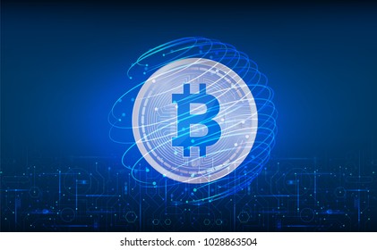 Abstract technology bitcoin icon with globe on circuit board  .Vector illustration bitcoin mining internet online technology on blue background concept.
