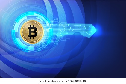 Abstract technology bitcoin logo and key icon with wheel and circuits.Vector illustration bitcoin mining internet online technology on blue background concept.