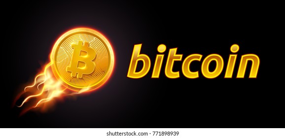 Abstract technology bitcoin symbol. Golden bitcoin coin on dark background in orange and yellow flame fire fluing in high. Virtual money Digital currency. Vector stock illustration. EPS 10